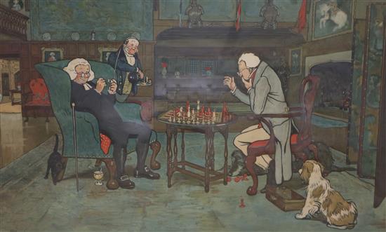 Cecil Aldin (1870-1935) Interiors with gentlemen playing cards and chess